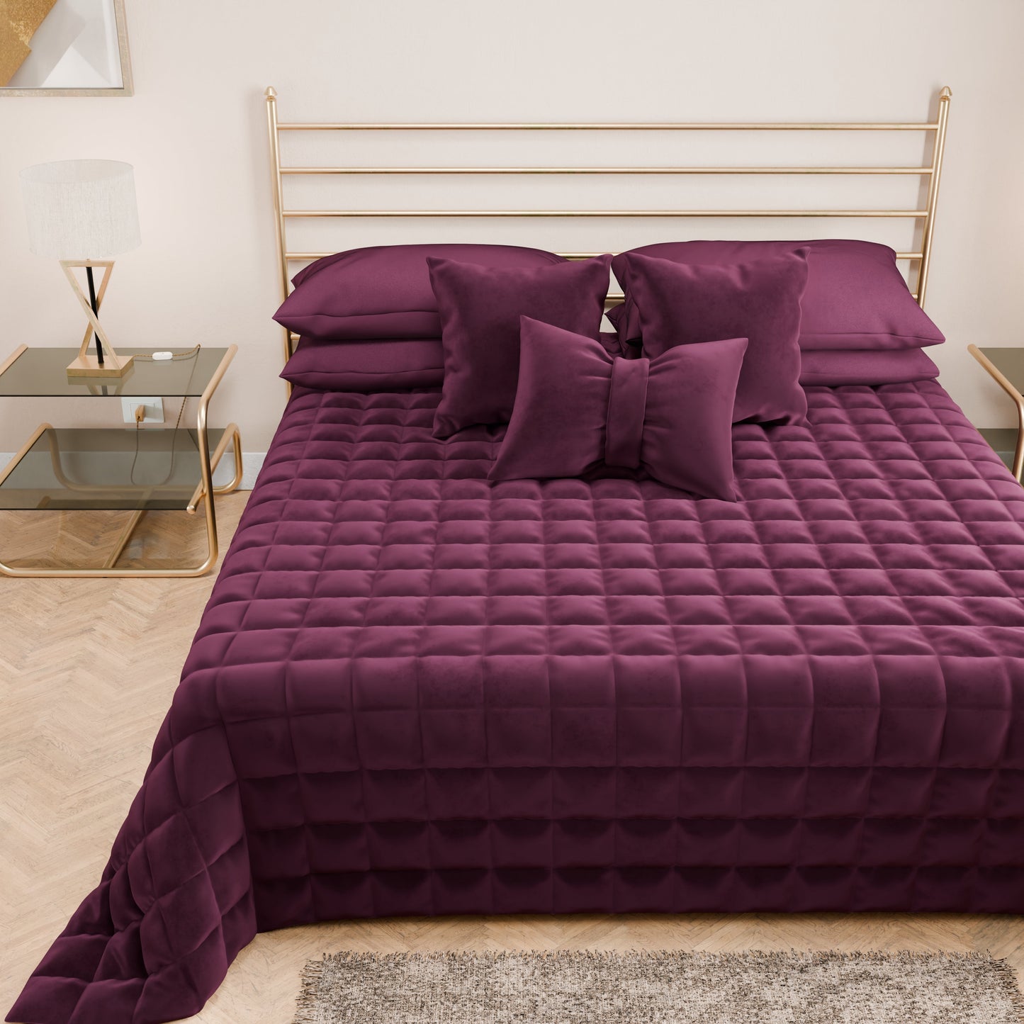 Courtepointe Unie en Velours Prune + Draps assortis et Taie d'oreiller Digitale