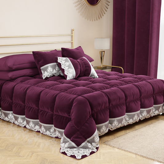 Coussin décoratif nœud en velours avec volant et dentelle rebrodée 40x50 cm, coussin de canapé prune par Sissy