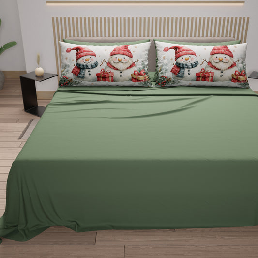 Draps de Noël en Coton, Parure de Lit avec Taies d'Oreiller en Impression Numérique Bonhomme de Neige 02
