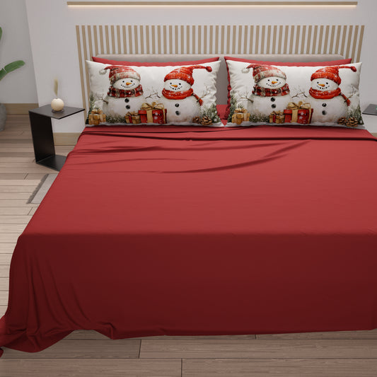 Draps de Noël en Coton, Parure de Lit avec Taies d'Oreiller en Impression Numérique Bonhomme de Neige 01