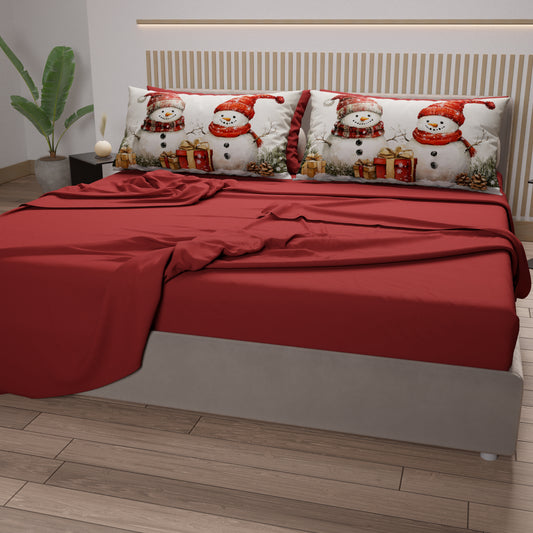 Draps de Noël en Coton, Parure de Lit avec Taies d'Oreiller en Impression Numérique Bonhomme de Neige 01