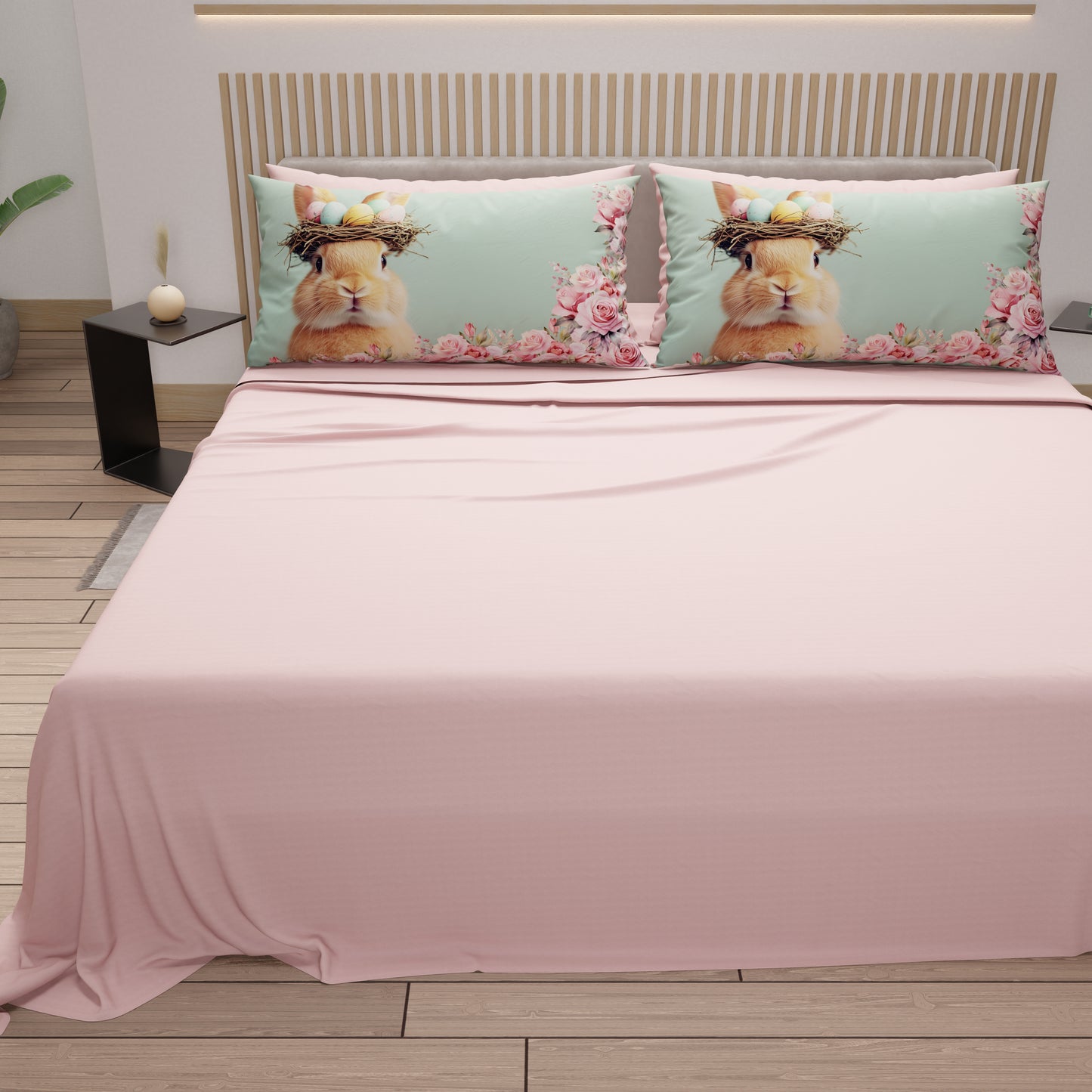 Lenzuola Pasqua in Cotone, Completo Letto con Federe in Stampa Digitale, Coniglietto Cipria