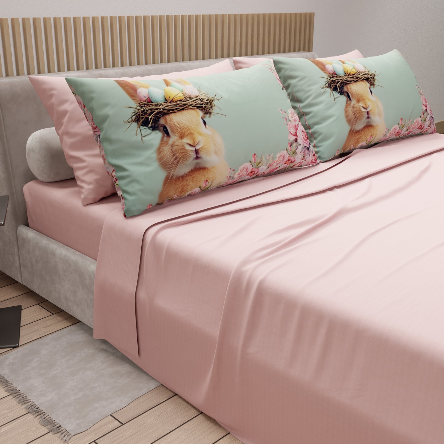 Lenzuola Pasqua in Cotone, Completo Letto con Federe in Stampa Digitale, Coniglietto Cipria