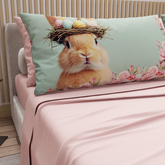 Lenzuola Pasqua in Cotone, Completo Letto con Federe in Stampa Digitale, Coniglietto Cipria