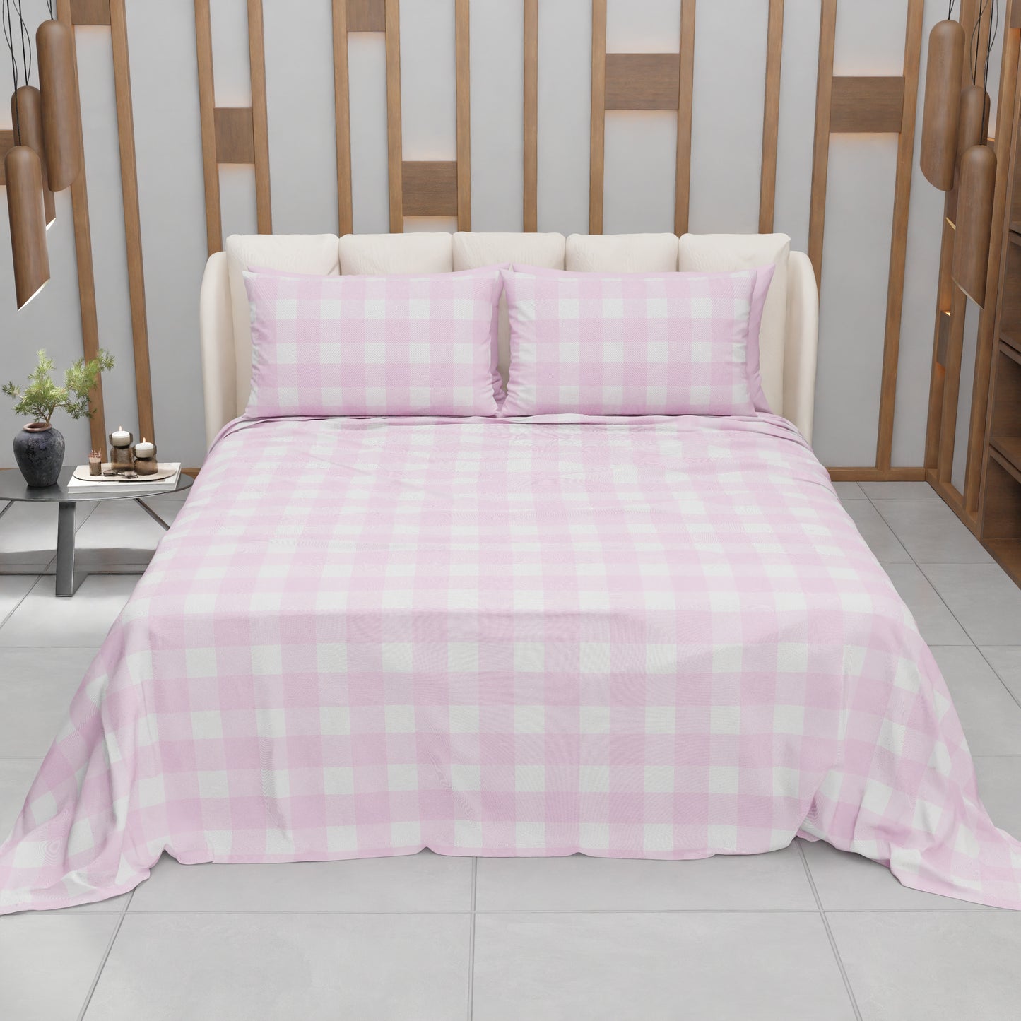 Lenzuolo Copriletto e Federe in Microfibra A Quadretti Rosa