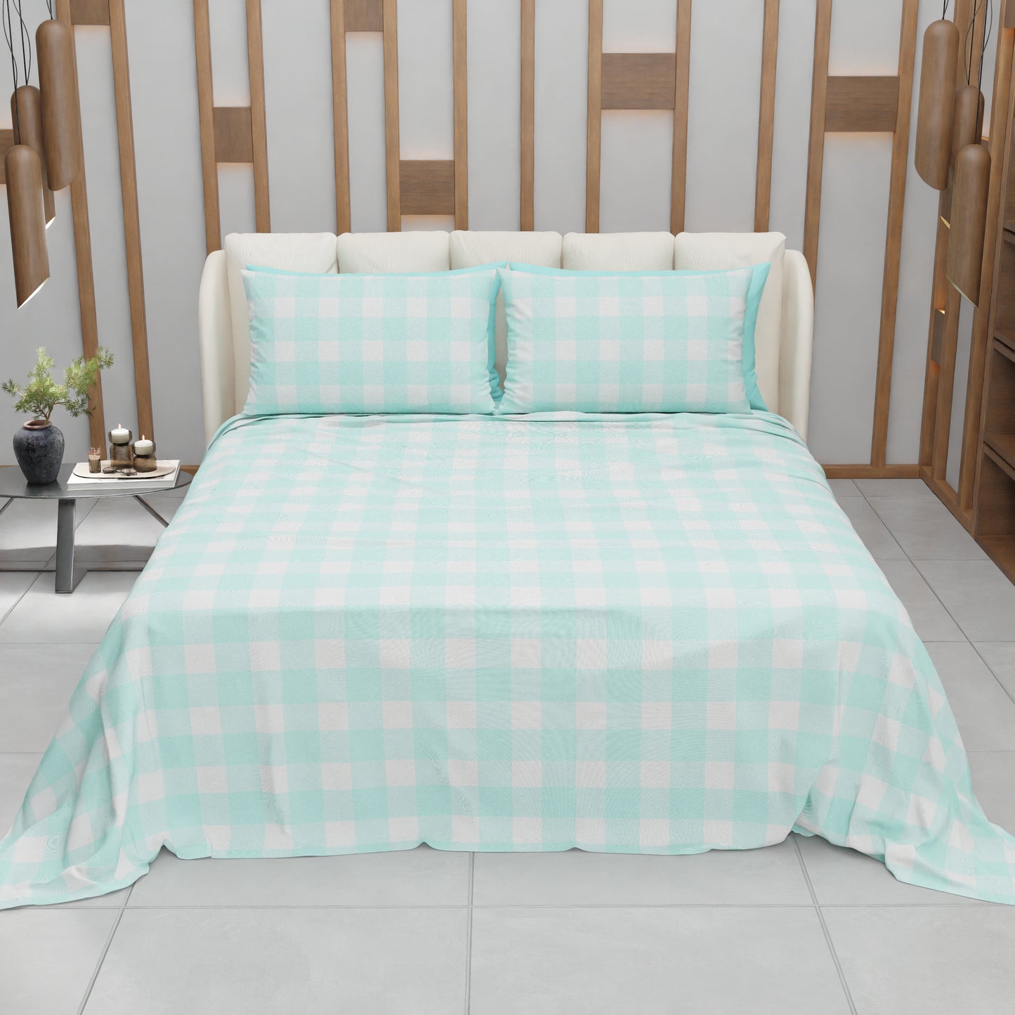 Lenzuolo Copriletto e Federe in Microfibra A Quadretti Tiffany