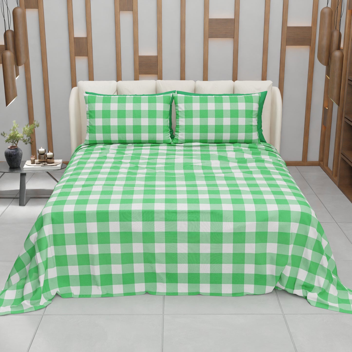 Lenzuolo Copriletto e Federe in Microfibra A Quadretti Verde