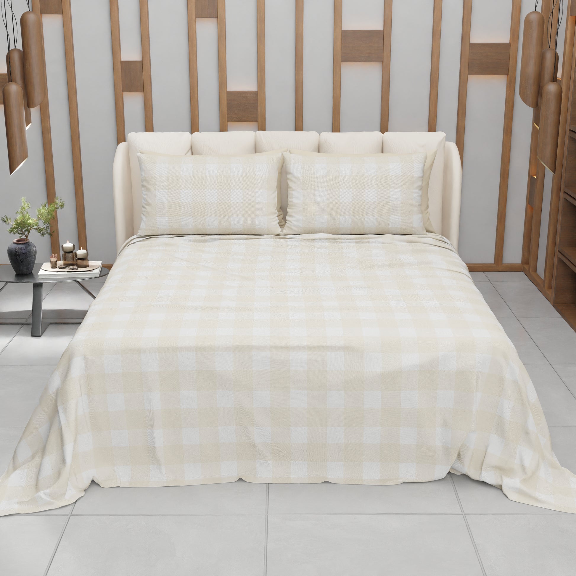 Lenzuolo Copriletto e Federe in Microfibra A Quadretti Beige.