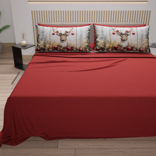 Draps de Noël en Coton, Parure de Lit avec Taies d'Oreiller en Impression Numérique Renne