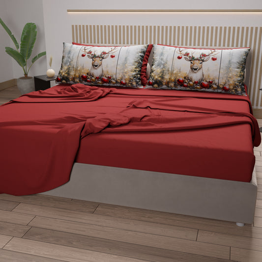 Draps de Noël en Coton, Parure de Lit avec Taies d'Oreiller en Impression Numérique Renne