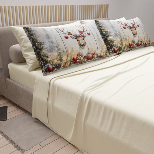 Lenzuola Natalizie in Cotone, Completo Letto con Federe in Stampa Digitale Renna