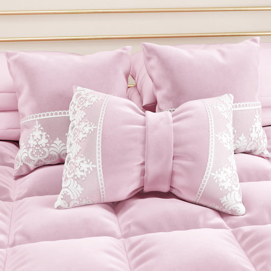Cuscino Arredo Fiocco in Velluto e Balza con Pizzo Rebrodè 40x50 cm, Cuscino divano Rosa By Sissy