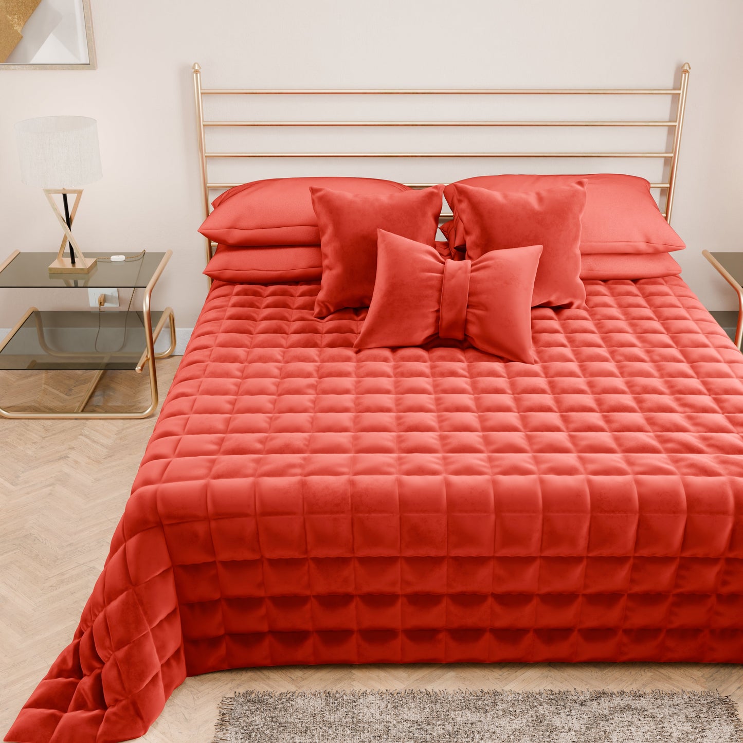 Courtepointe Unie en Velours Rouge + Draps assortis et Taie d'oreiller Digitale