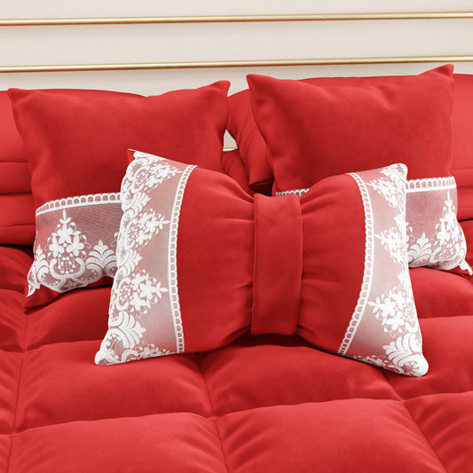 Cuscino Arredo Fiocco in Velluto e Balza con Pizzo Rebrodè 40x50 cm, Cuscino divano Rosso By Sissy