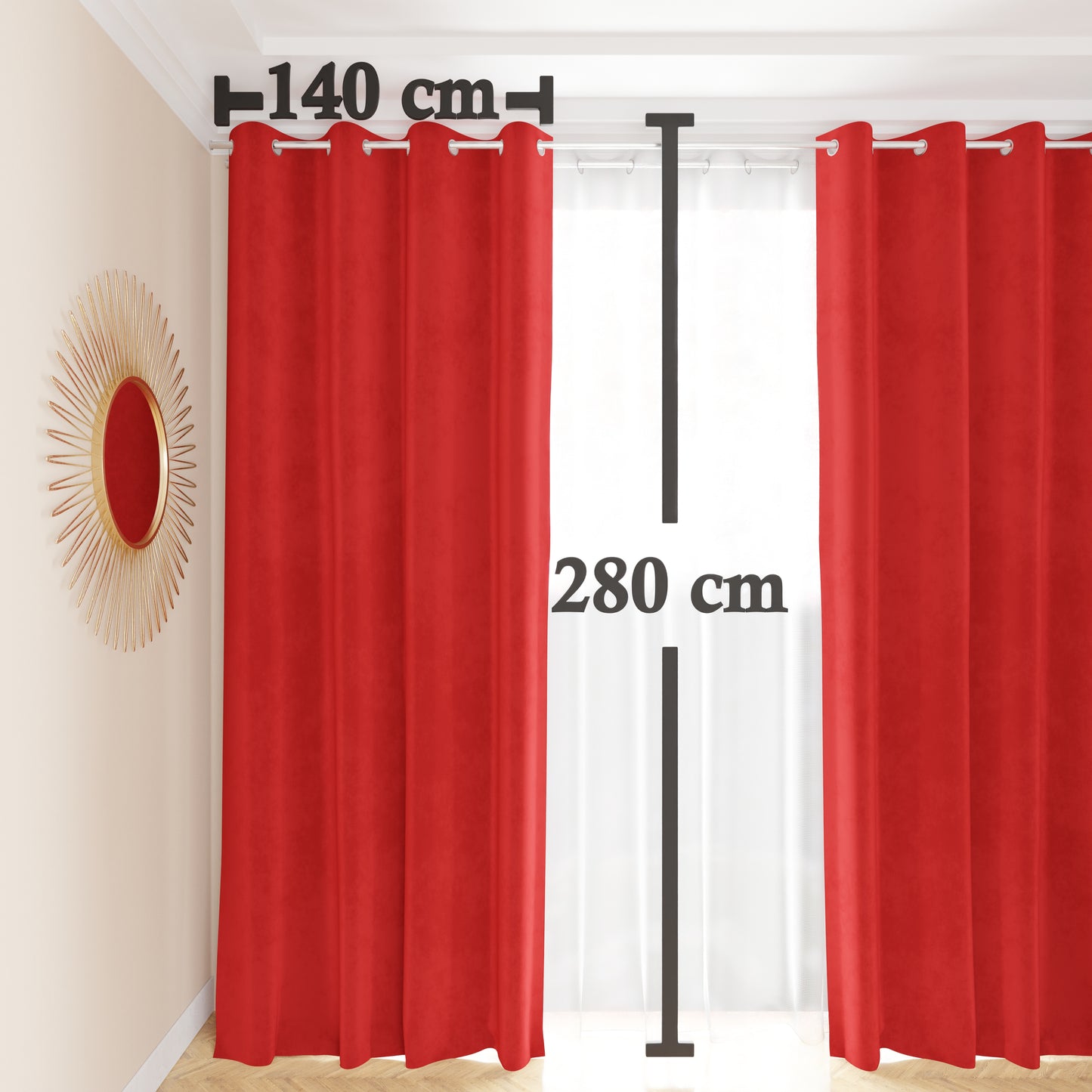 Tenda a Pannello in Velluto per Interni con Anelli, 140x280 cm, Rosso