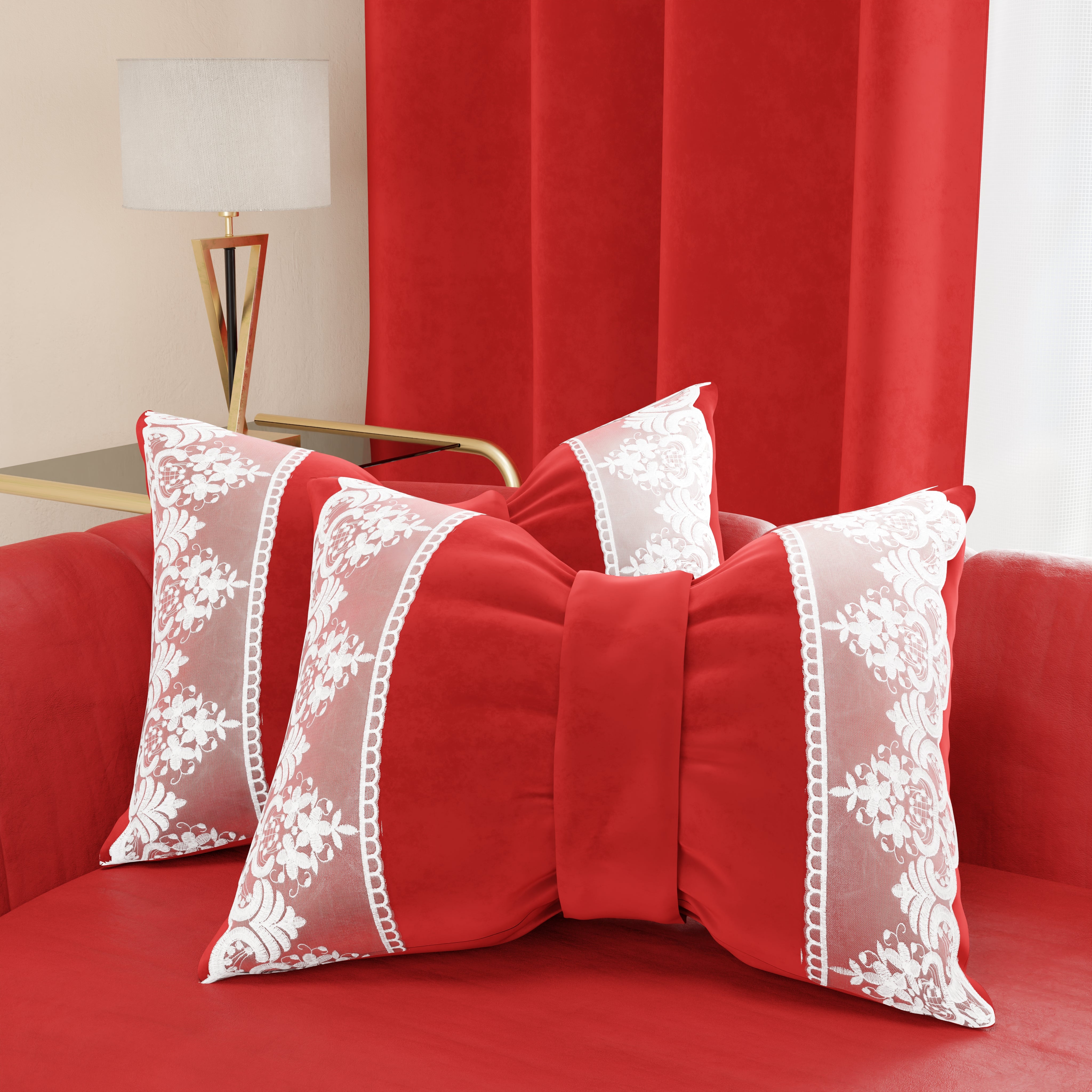 PETTI Cuscino Arredo Fiocco in Velluto e Balza con Pizzo Rebrodè 40x50 cm, Cuscino divano Rosso By Sissy