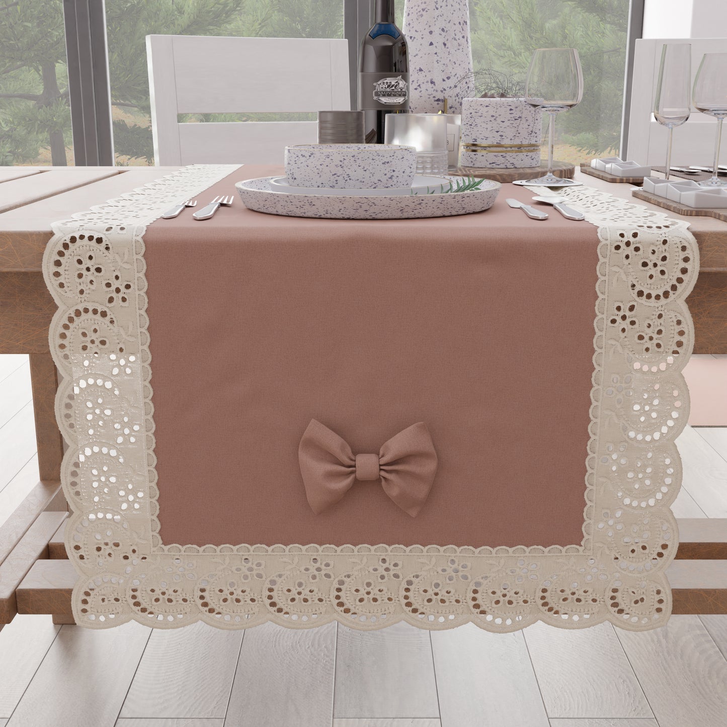 Elegant Shabby Chic Table Runner with Lace and Powder Pink Bows 