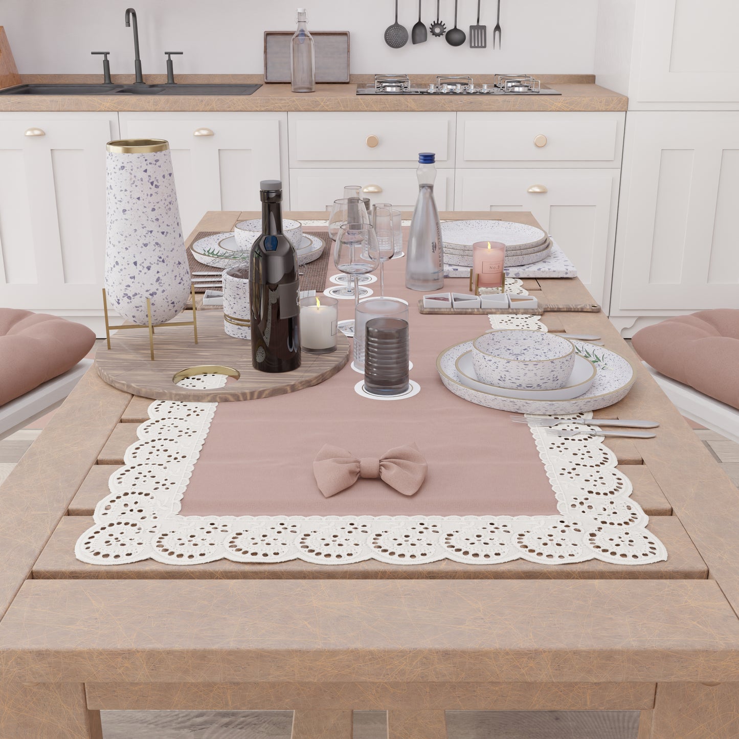 Elegant Shabby Chic Table Runner with Lace and Powder Pink Bows 