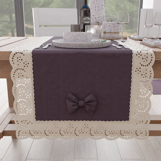 Elegant Shabby Chic Table Runner with Lace and Mauve Bows 