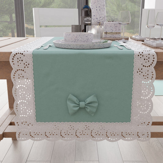Elegant Shabby Chic Table Runner with Lace and Teal Bows 