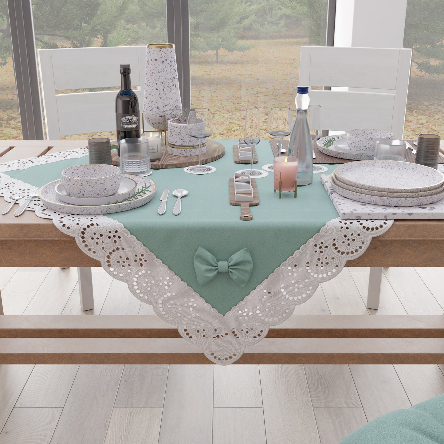 Elegant Shabby Chic Kitchen Centerpiece with Lace and Teal Bows 