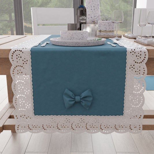 Elegant Shabby Chic Table Runner with Lace and Avion Blue Bows