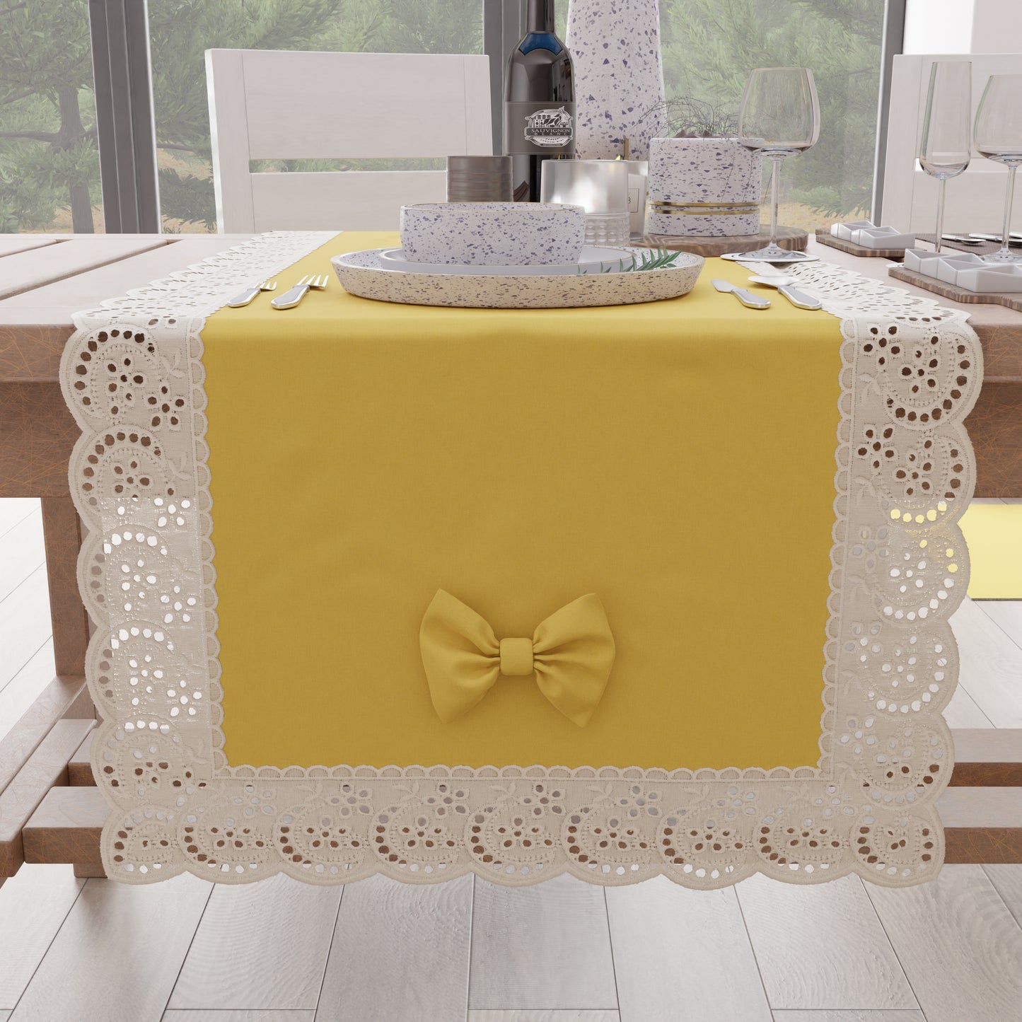 Elegant Shabby Chic Table Runner with Yellow Lace and Bows 