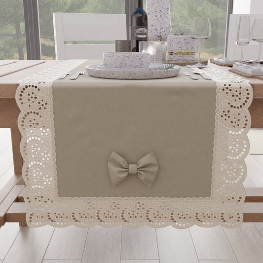 Elegant Shabby Chic Table Runner with Beige Lace and Bows 