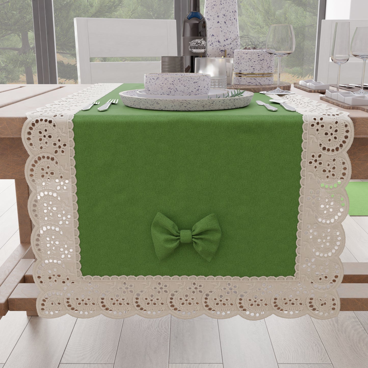 Elegant Shabby Chic Table Runner with Lace and Green Bows 