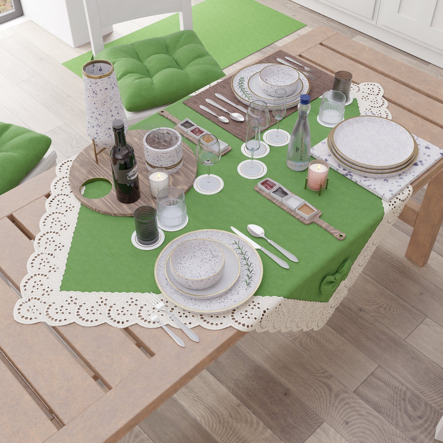 Centrotavola Cucina Elegante Shabby Chic con Pizzo e Fiocchi Verde