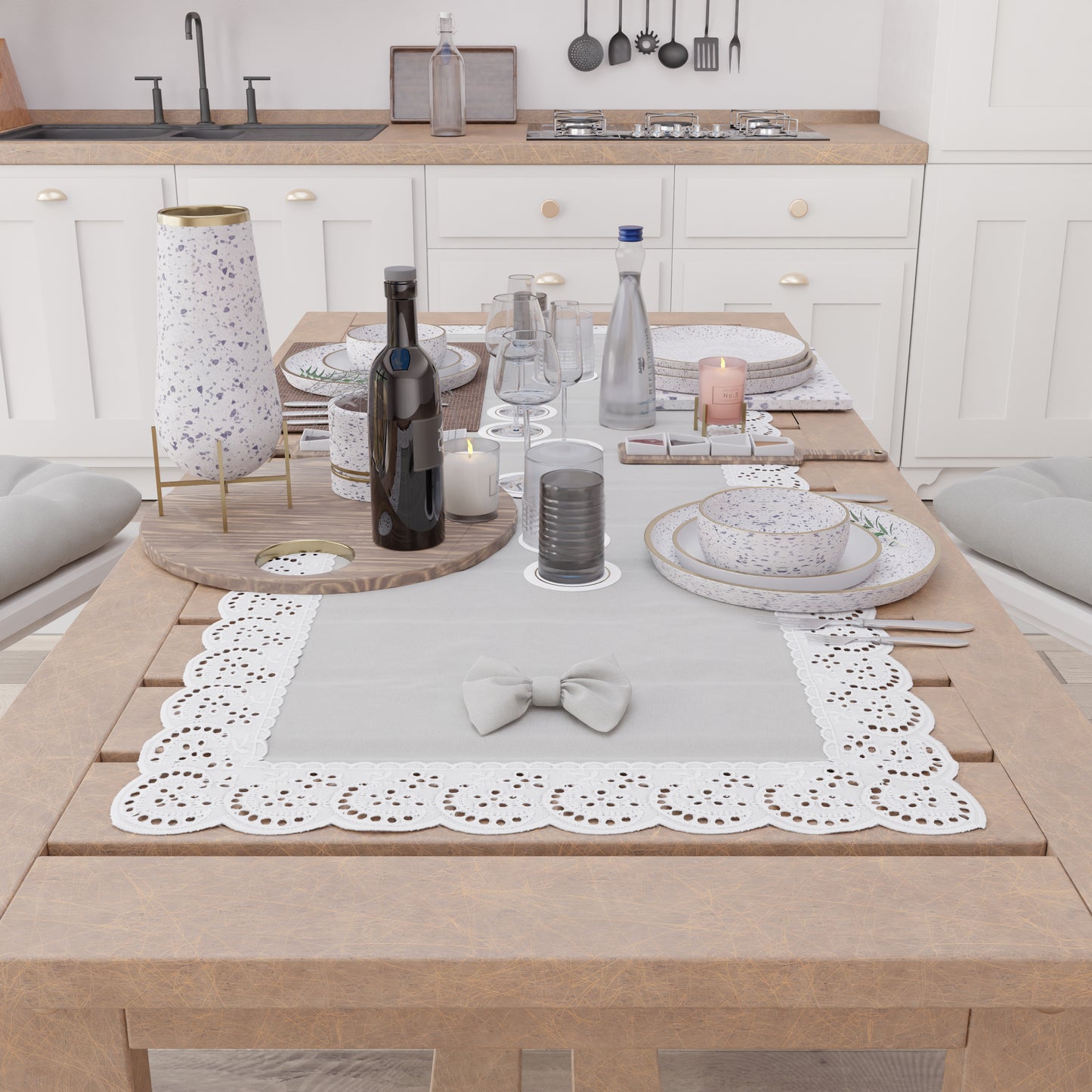 Elegant Shabby Chic Table Runner with Lace and Light Gray Bows 