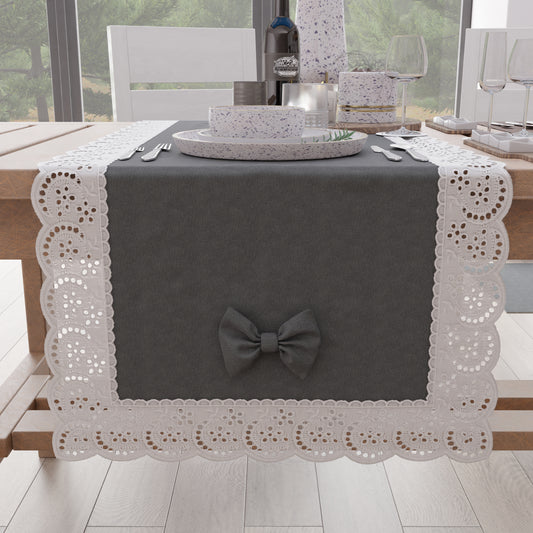 Elegant Shabby Chic Table Runner with Lace and Dark Gray Bows 