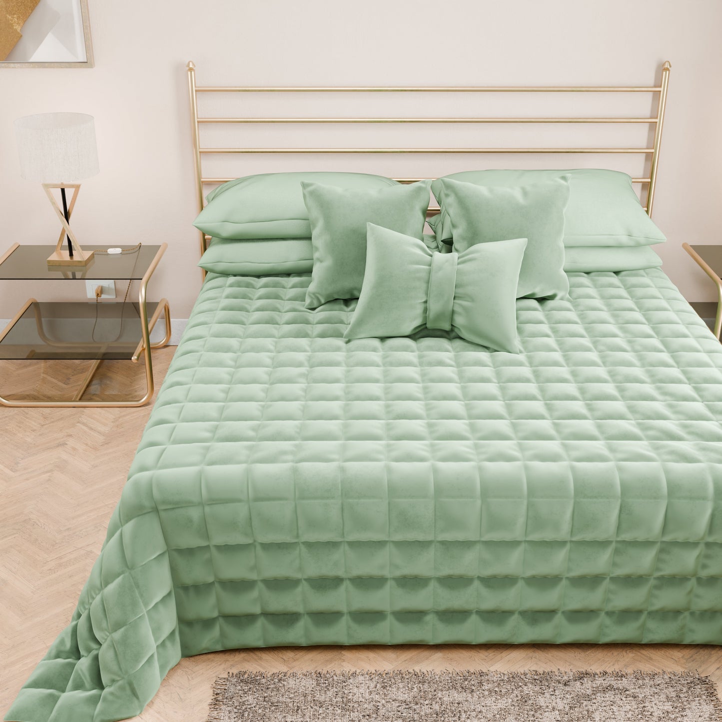 Courtepointe unie en velours sauge + Draps assortis et taie d'oreiller numérique