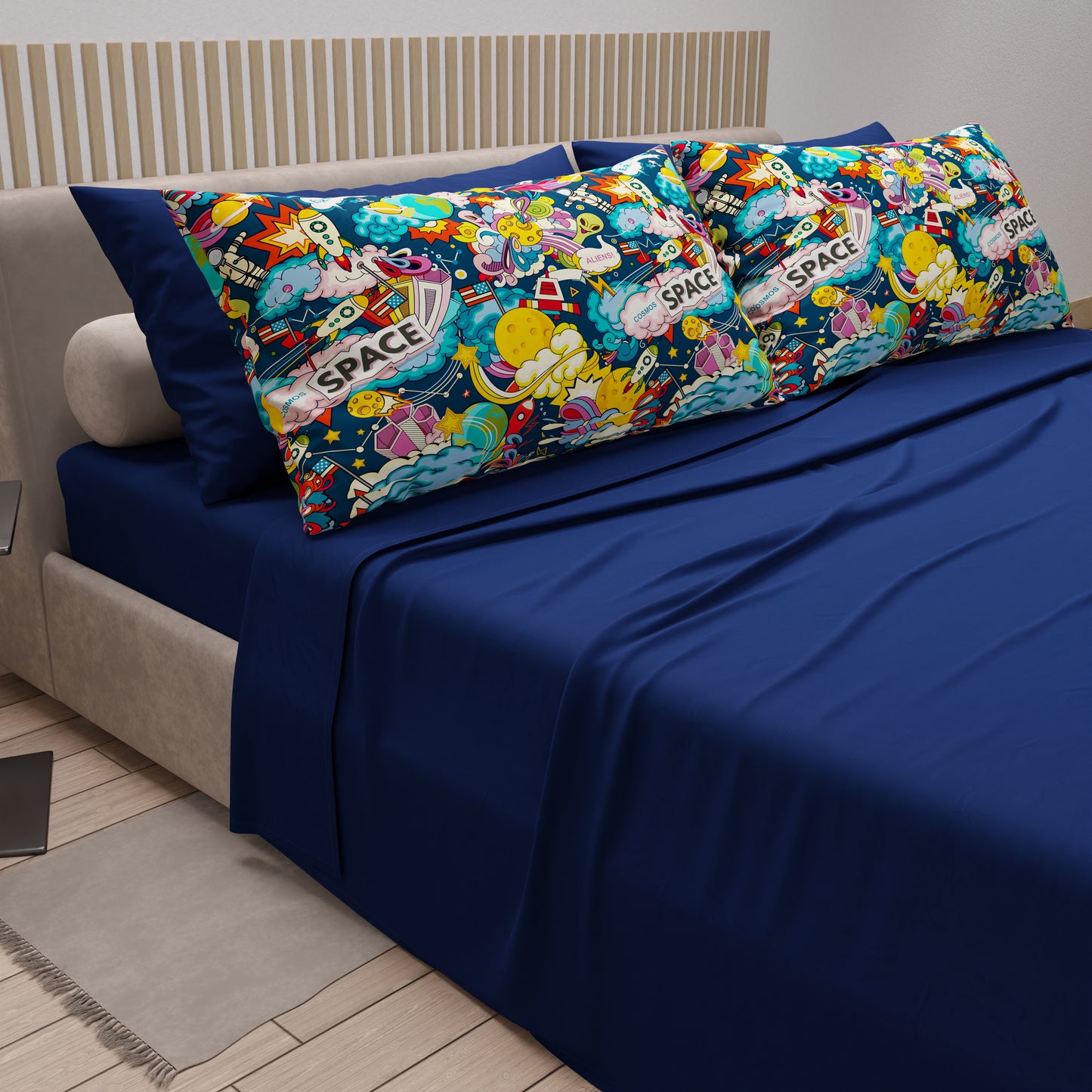 Lenzuola in Cotone, Completo Letto con Federe in Stampa Digitale Space