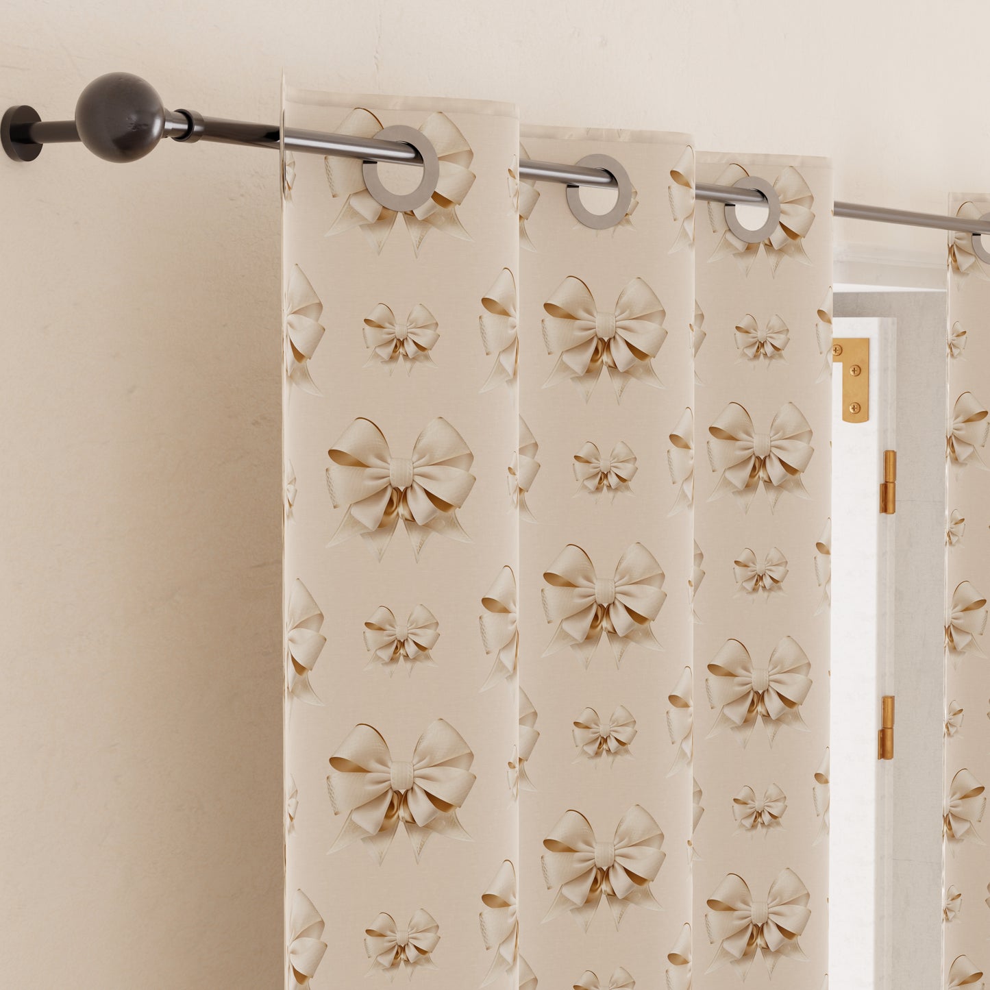 Indoor Furnishing Curtain in Panels with Beige Bow Rings