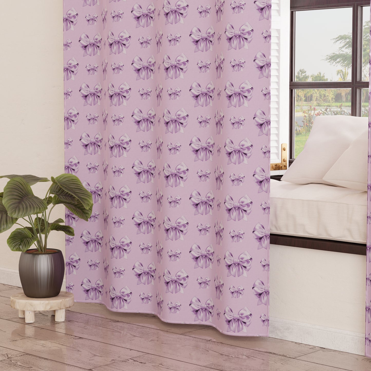 Indoor Furnishing Curtain Panels with Lilac Bow Rings