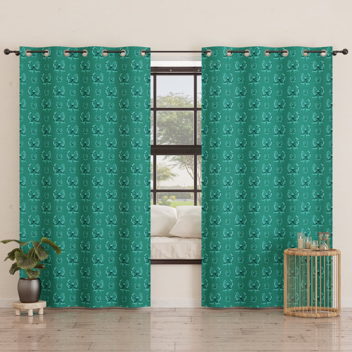 Indoor Furnishing Curtain with Panels and Teal Bow Rings