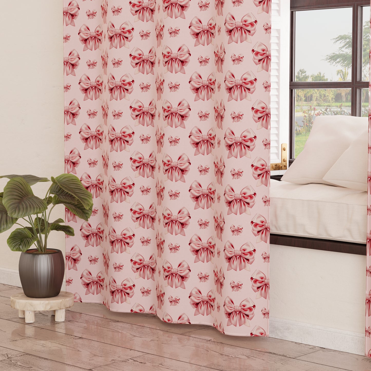 Indoor Furnishing Curtain Panels with Pink Bow Rings