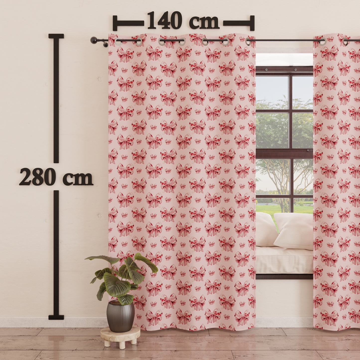Indoor Furnishing Curtain Panels with Pink Bow Rings
