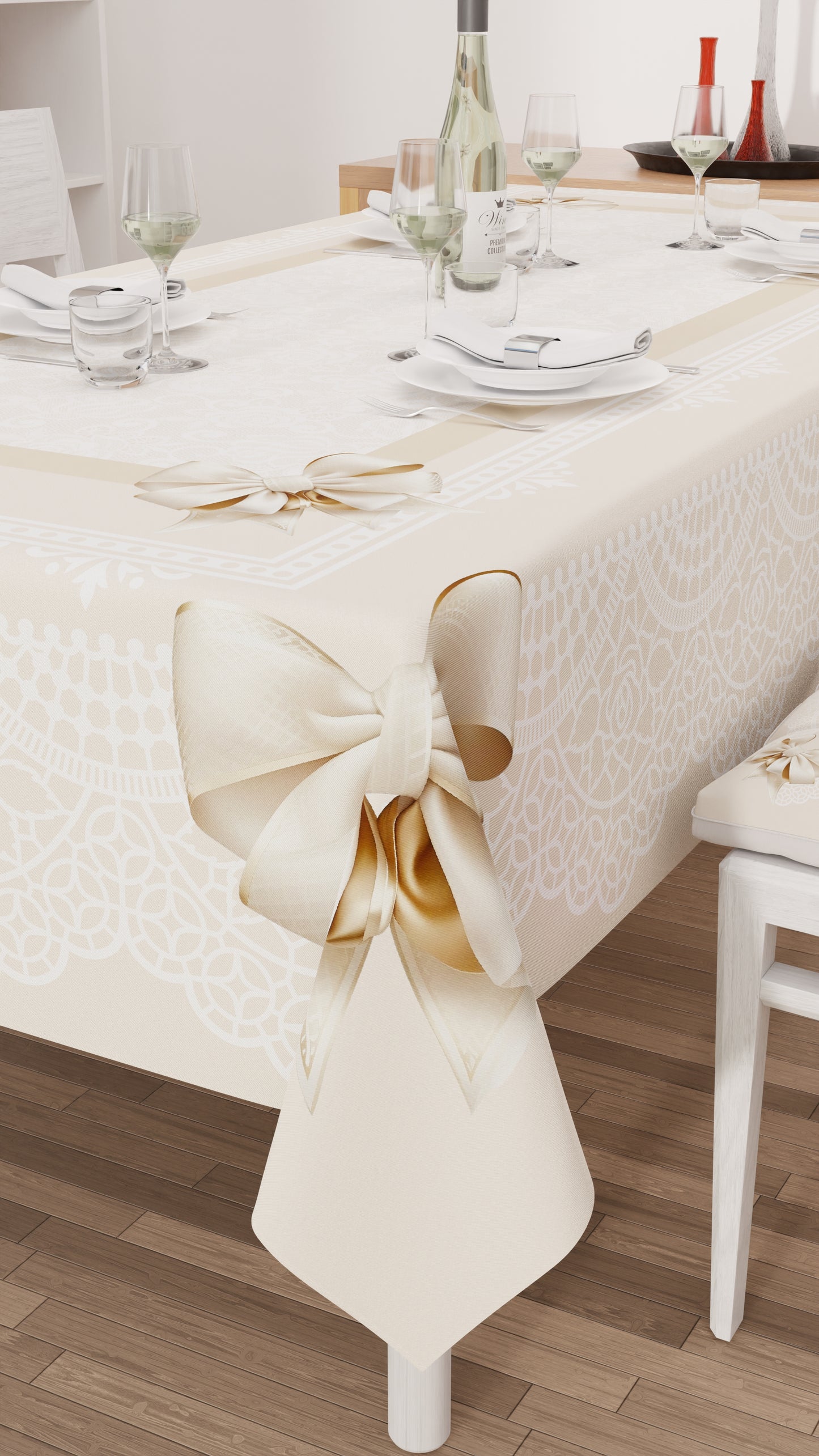 Stain-resistant tablecloth, kitchen table cover, beige bow