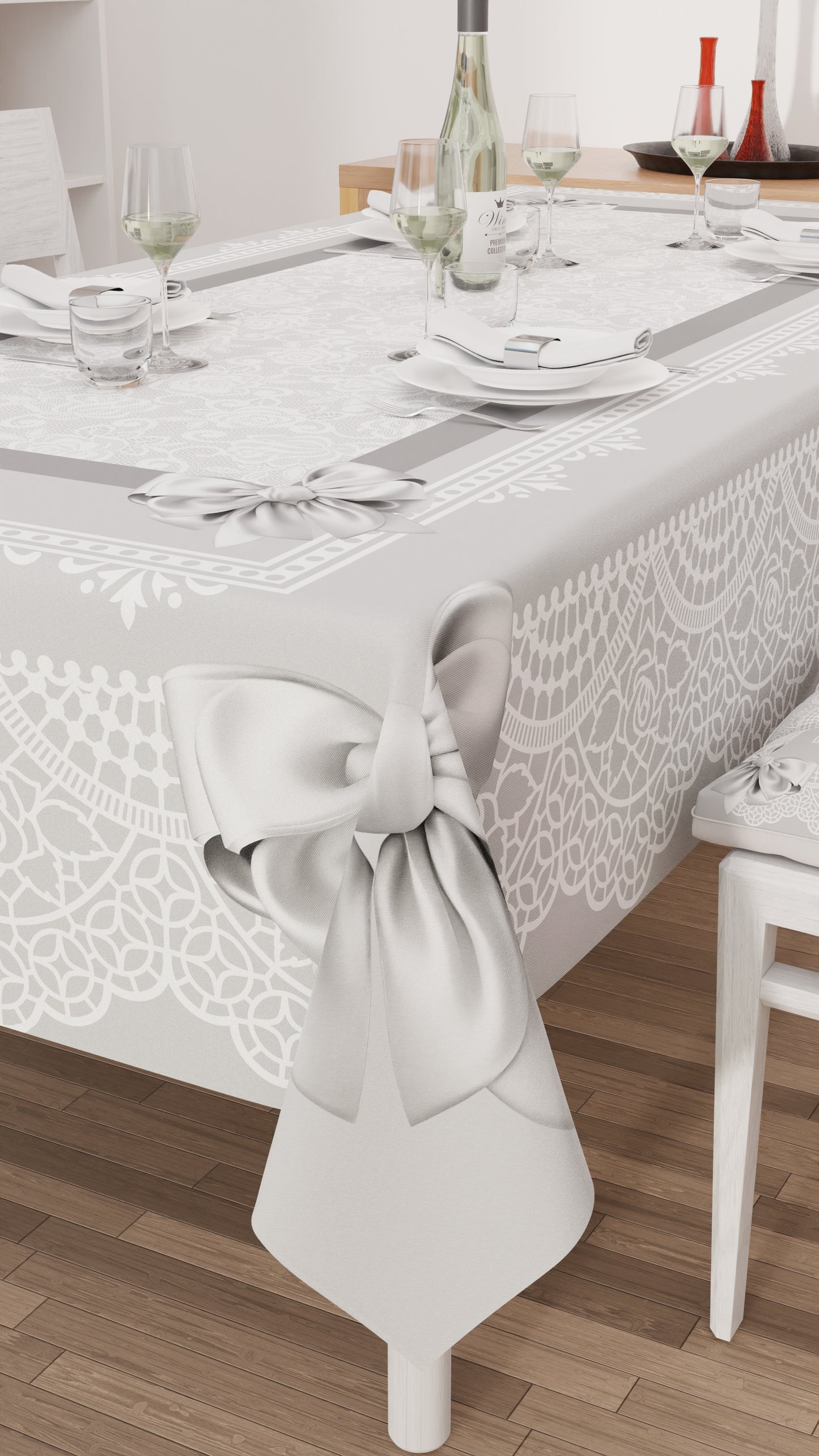 Stain-resistant tablecloth, kitchen table cover, gray bow