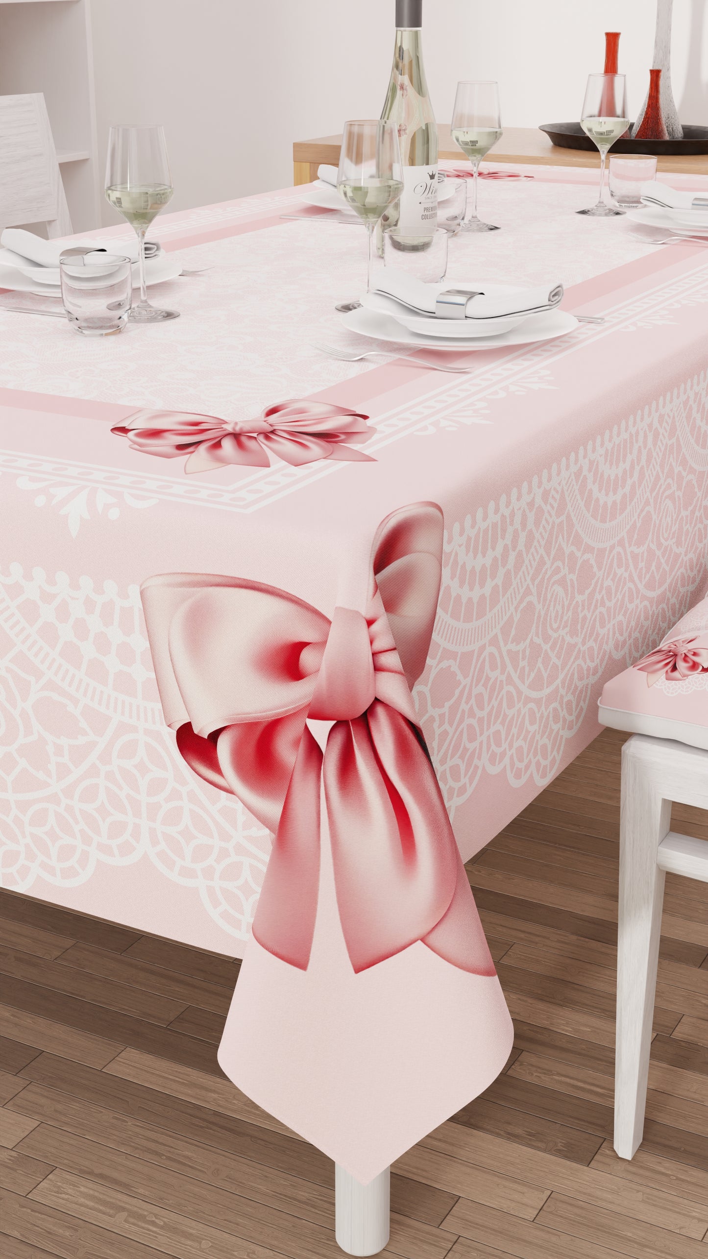 Stain-resistant tablecloth, kitchen table cover, pink bow