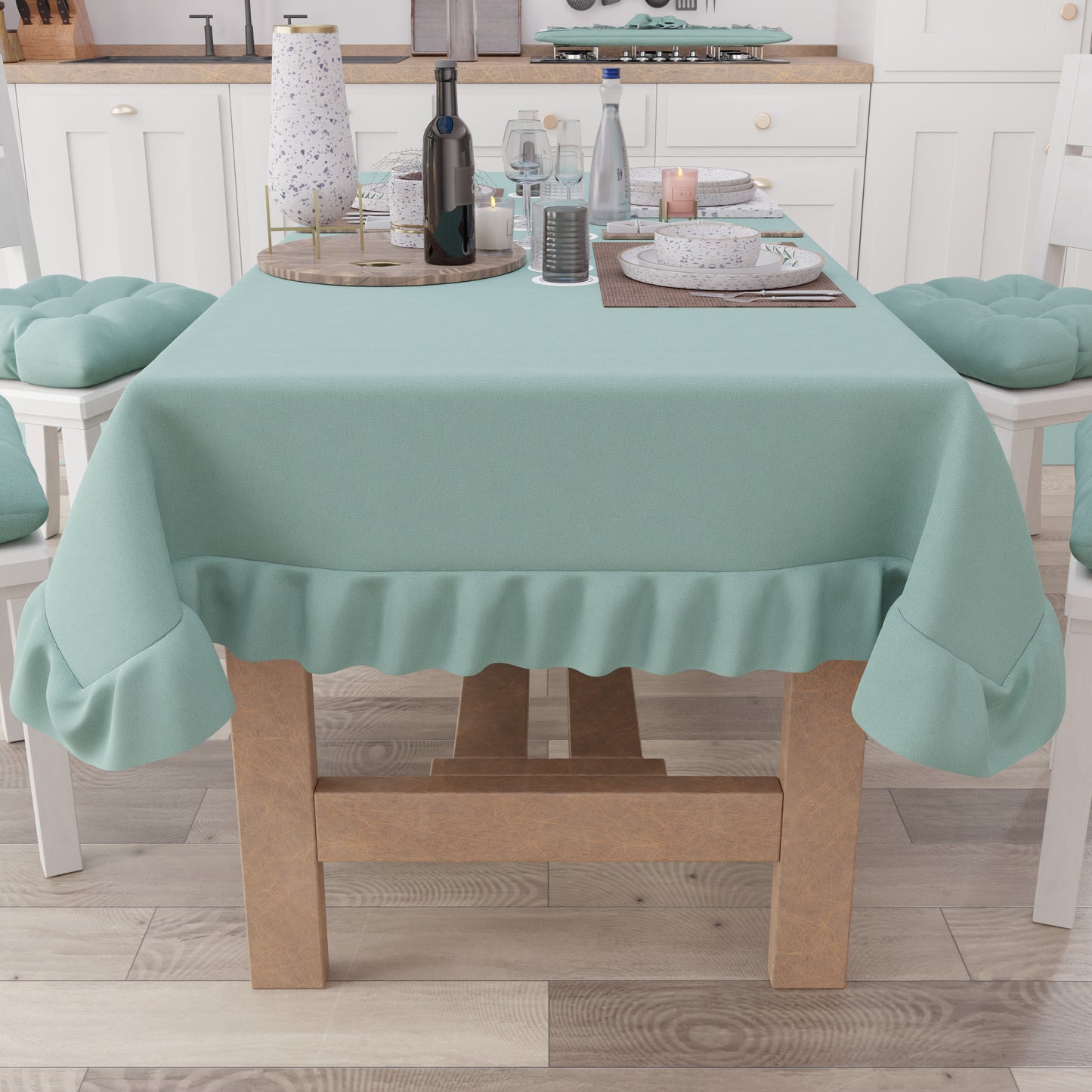 Tablecloth, Tablecloth with Ruffles, Table Cover with Ruffles, Aqua Green 