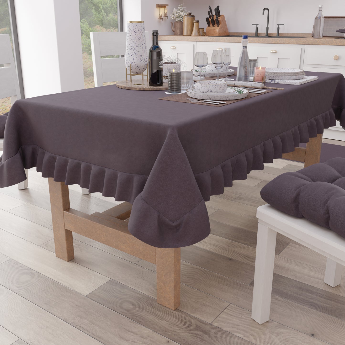 Tablecloth, Tablecloth with Ruffles, Table Cover with Ruffles, Mauve 