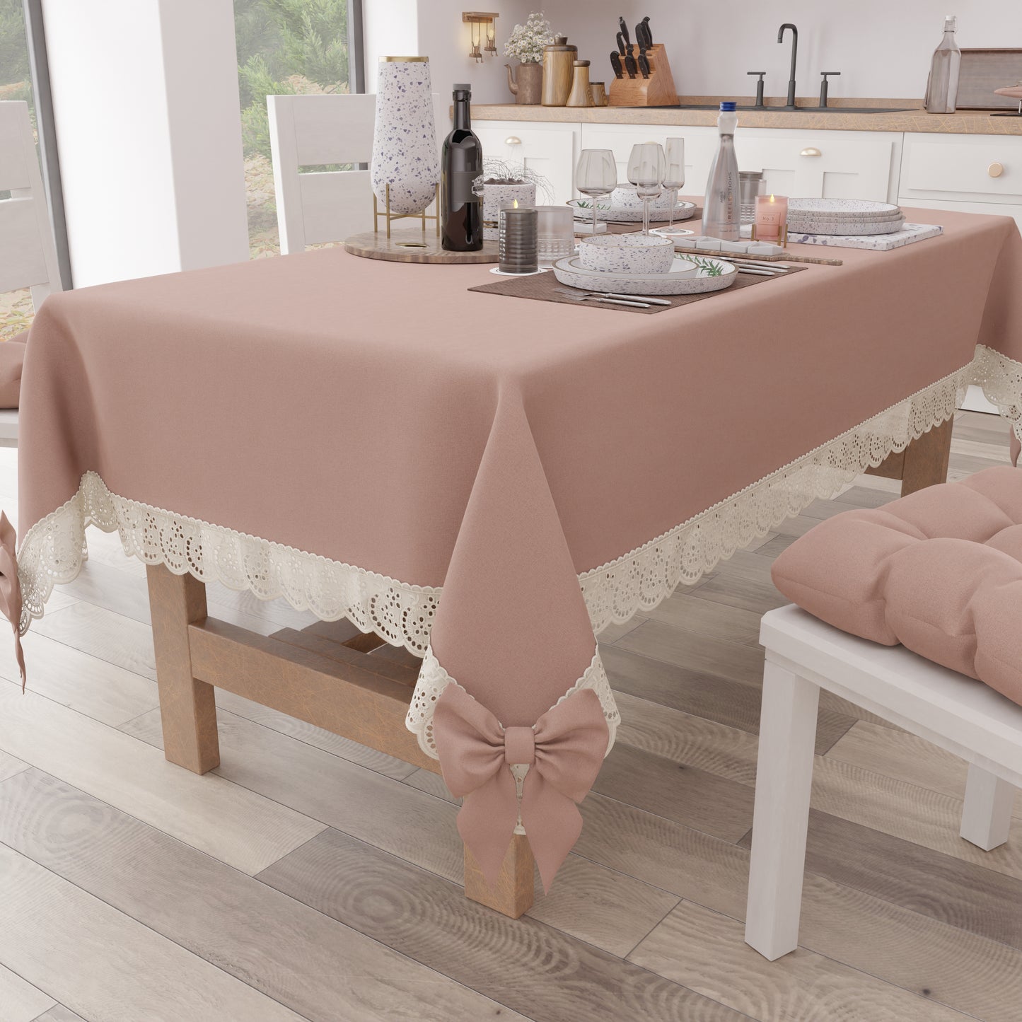 Shabby Chic Tablecloth Table Cover with Lace and Powder Pink Bows 
