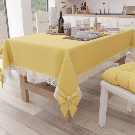 Shabby Chic Tablecloth Table Cover with Lace and Yellow Bows 
