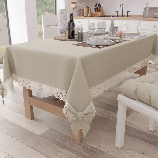 Shabby Chic Tablecloth Table Cover with Lace and Beige Bows 