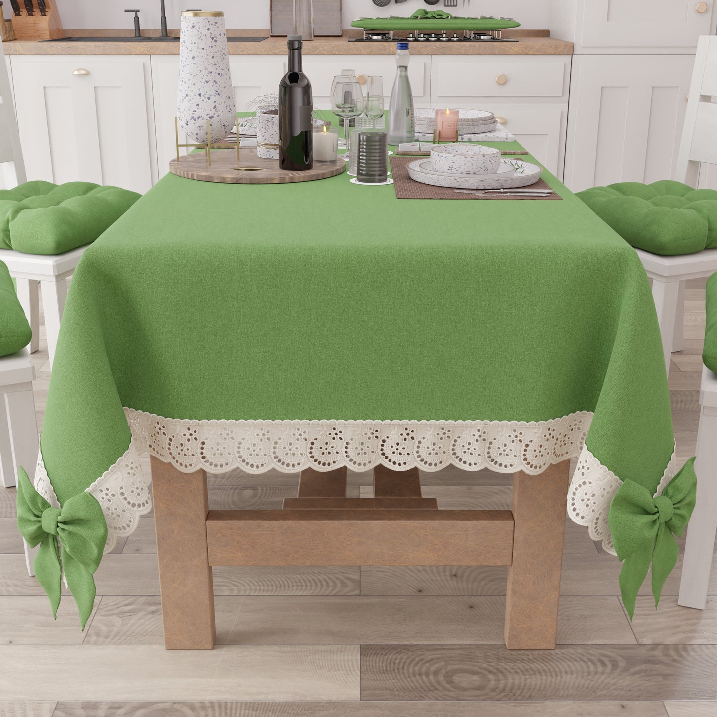 Shabby Chic Tablecloth Table Cover with Lace and Green Bows 