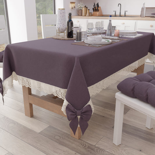 Shabby Chic Tablecloth Table Cover with Lace and Mauve Bows 