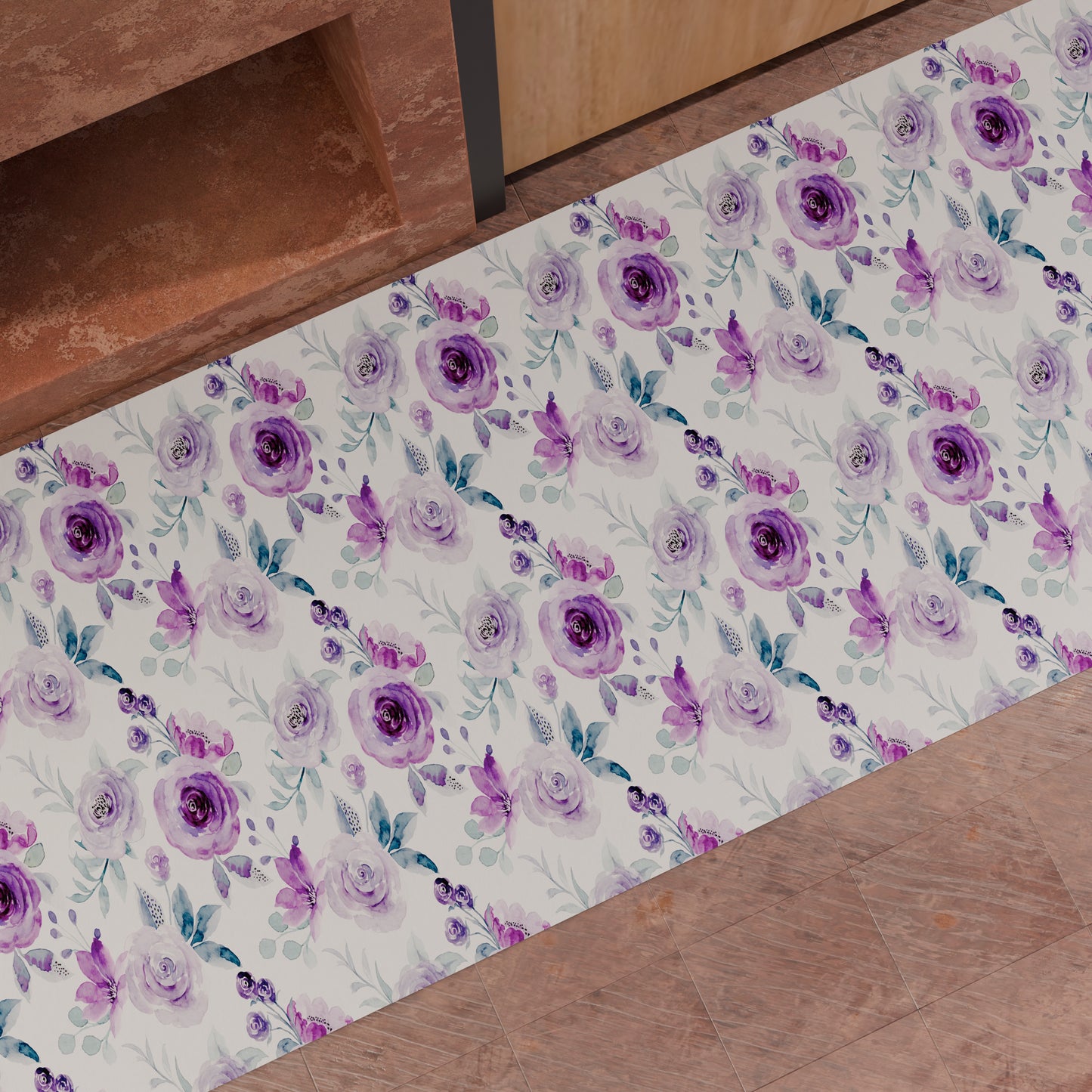 Tapis de Cuisine Couloir Cuisine Floral Violet au Mètre (7,90€ le mètre)